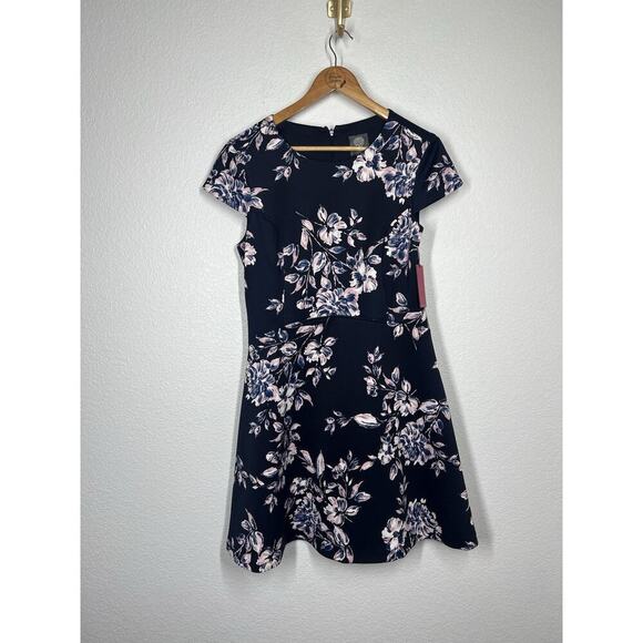 Vince Camuto Floral Scuba Fit And Flare Mini Dress Size 12 Navy Pink - Picture 1 of 5